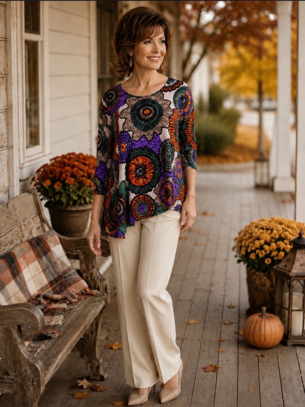 Jostar bold earth tone colors tunic top with asymmetrical hemline.